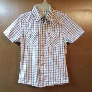 Hollister Boy's Western Checkered Short Sleeve Shirt - White, Brown, Navy Blue